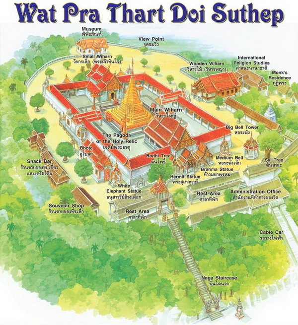 An illustrated plan of the Wat Phra That Doi Suthep terrace and its buildings