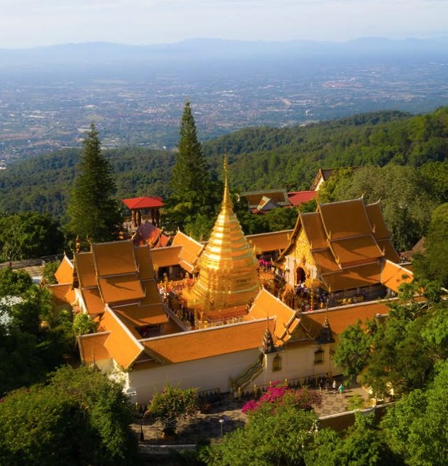 The gilded roofs of Wat Phra That Doi Suthep above the Chiang Mai valley